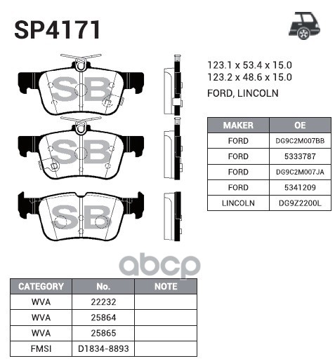 Колодки торм.дисковые Hi-Q FORD GALAXY ECOBOOST 15- (D1834) R Sangsin brake арт. sp4171