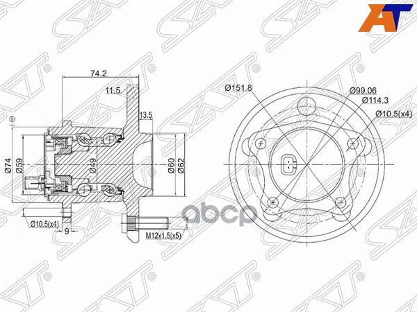 Ступичный узел Toyota Camry (XV30,XV40) 01-11 / Lexus ES 01-12 (Справа/ Сзади) Sat арт. ST-42450-06040