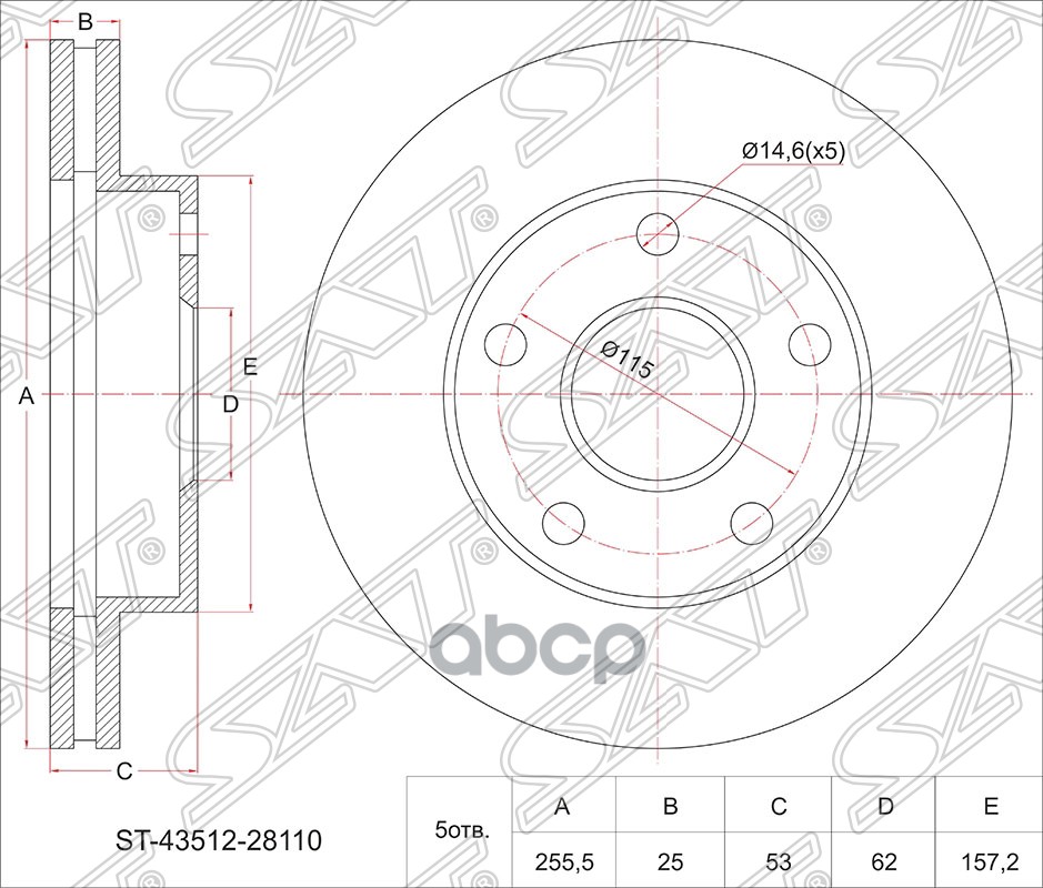 Диск тормозной (Перед) Dodge Caravan 00-07 / Toyota Estima 90-99 Sat арт. ST-43512-28110