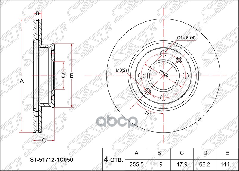 Диск тормозной перед HYUNDAI GETZ 02-11 ST-51712-1C050 Sat арт. ST-51712-1C050