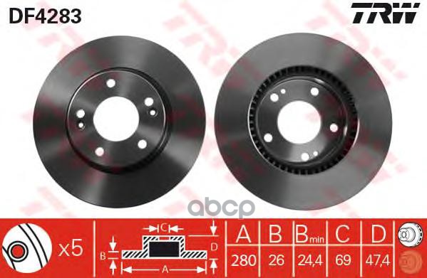 Диск тормозной передний HYUNDAI SONATA V, TUCSON, KIA SPORTAGE (JE_) DF4283 TRW арт. DF4283