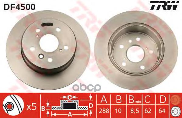 Диск тормозной задний TOYOTA Camry 01-06/LEXUS RX I 96-03 /D=288mm TRW DF4500 TRW арт. DF4500