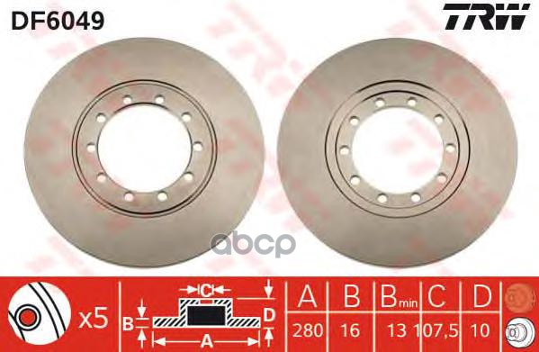 Диск тормозной задний FORD Transit 2.2TDCI/2.4TDCI/3.2TDCI 06->D=280mm TRW DF6049 TRW арт. DF6049