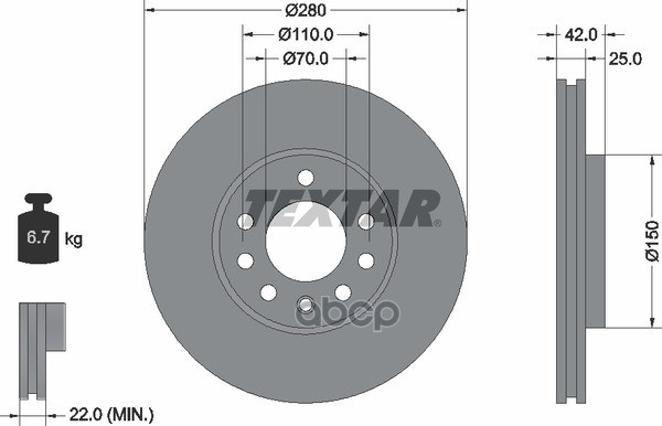 Диск тормозной передний с покрытием PRO CHEVROLET/HOLDEN/OPEL/VAUXHALL TEXTAR 92091903 Textar арт. 92091903