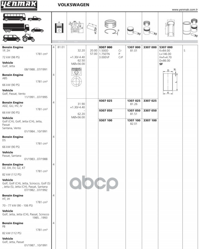 Поршень Двс Без Колец Audi 80. Vw Golf 1.8 =81 1.5 YENMAK арт. 1307000