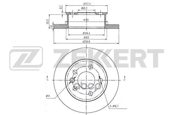 Диск торм. перед. VW Transporter IV 90- (внешний D=260мм невентилируемый диск) Zekkert арт. bs-5096