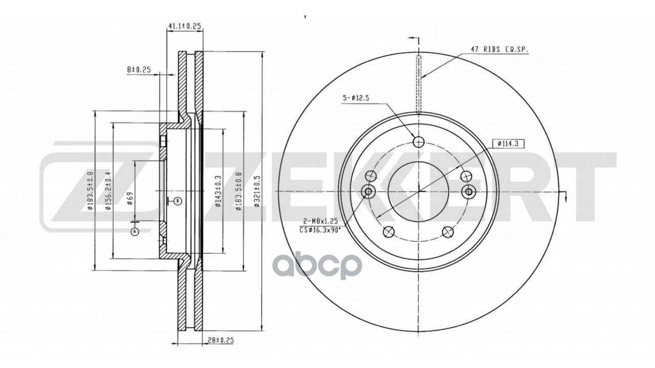 Диск тормозной передний Hyundai Santa Fe II-IV 06-  Kia Sorento II  III 09- (с покрытием) Zekkert арт. bs-5426b