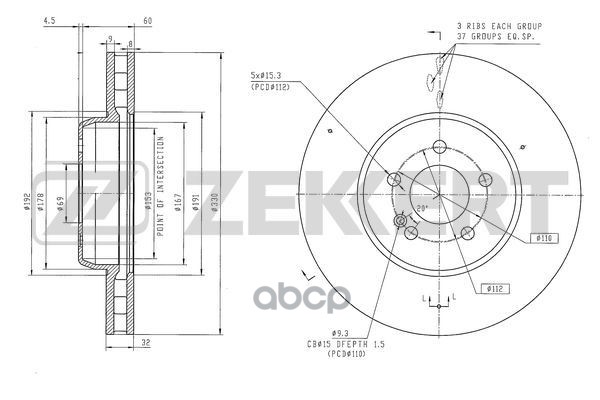 Диск тормозной перед. MB C-Class (205) 14-  E-Class (213  238) 16-  CLS (257) 18- Zekkert арт. bs-6616