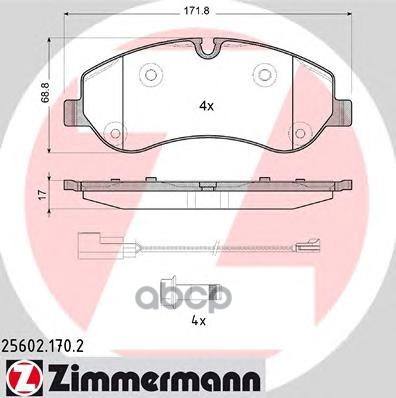 Колодки тормозные дисковые Ford Transit/Tourneo 2.2 TDCI 12->  + датчик износа и 4 винта Zimmermann арт. 25602.170.2