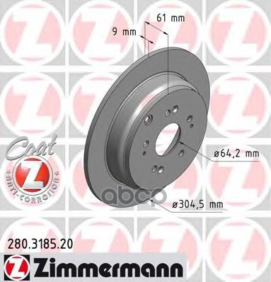 Диск тормозной задний с покрытием HONDA CR-V II 01-07 ZIMMERMANN 280.3185.20 Zimmermann арт. 280.3185.20